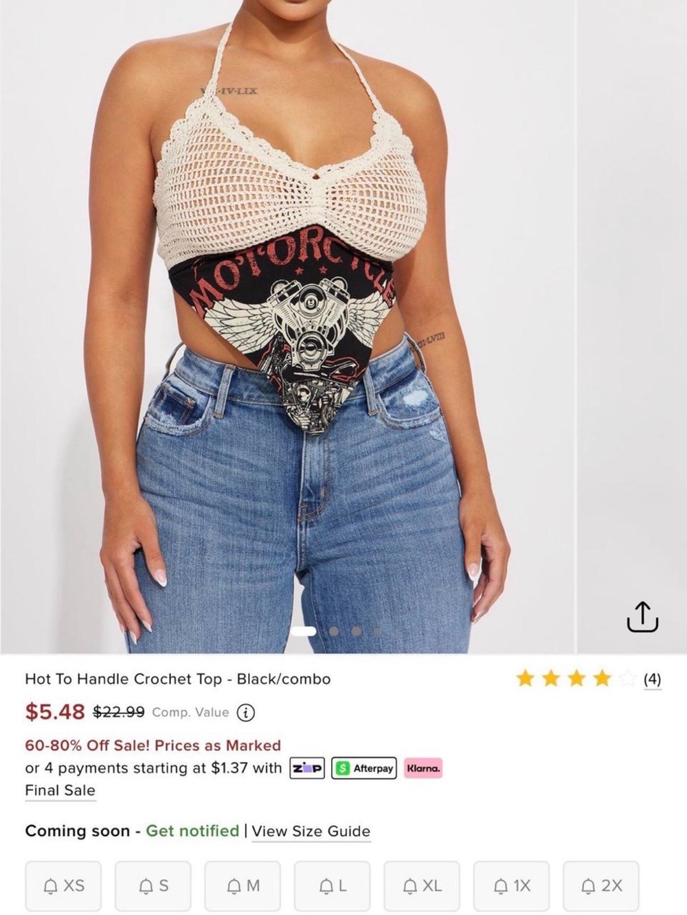 Fashion Nova Cream Crochet Halter Tank Top with Black & Red Motorcycle Graphic - Picture 4 of 4